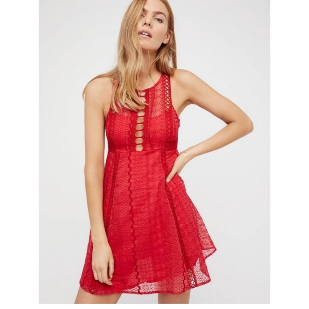 Free People "Wherever You Go" sleeveless lace mini dress in a rose red color, - Picture 1 of 5